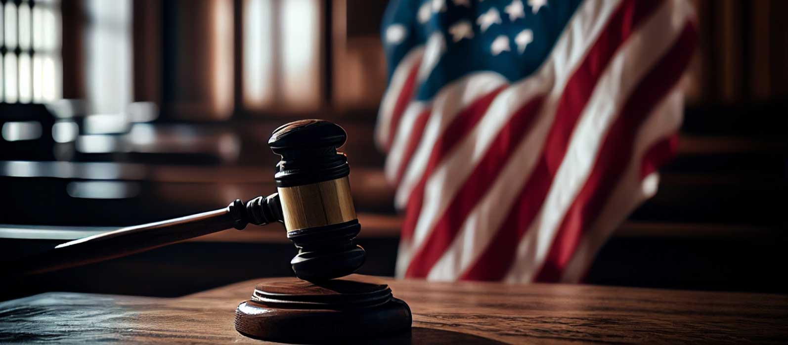 Gavel on a judge's table with the USA flag in the background, symbolizing the authority of removal defense lawyers in Miami.