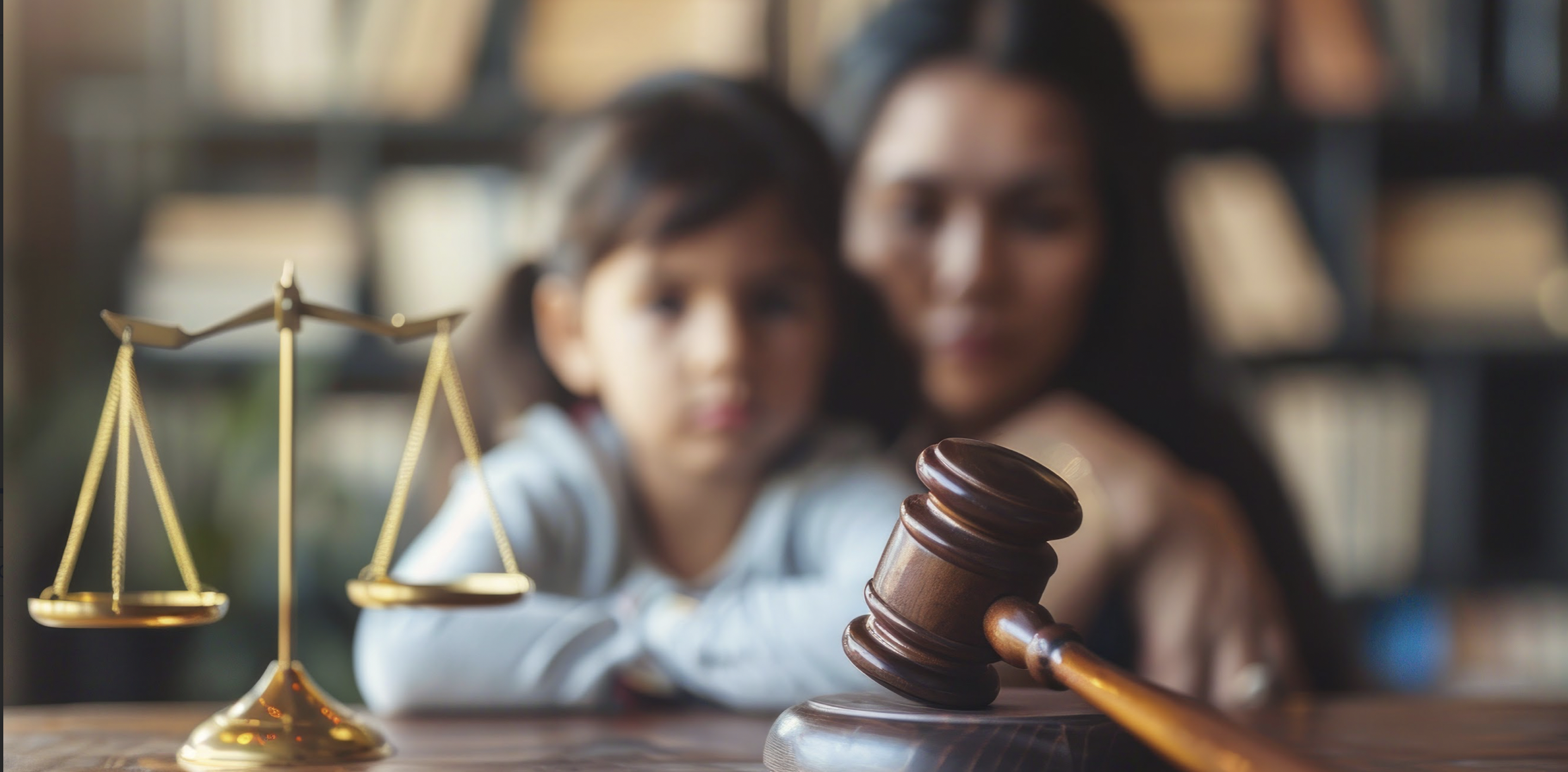 A mother and daughter sitting at a judge's table with a balance scale in front, representing the compassionate advocacy of Miami's trusted deportation attorneys.